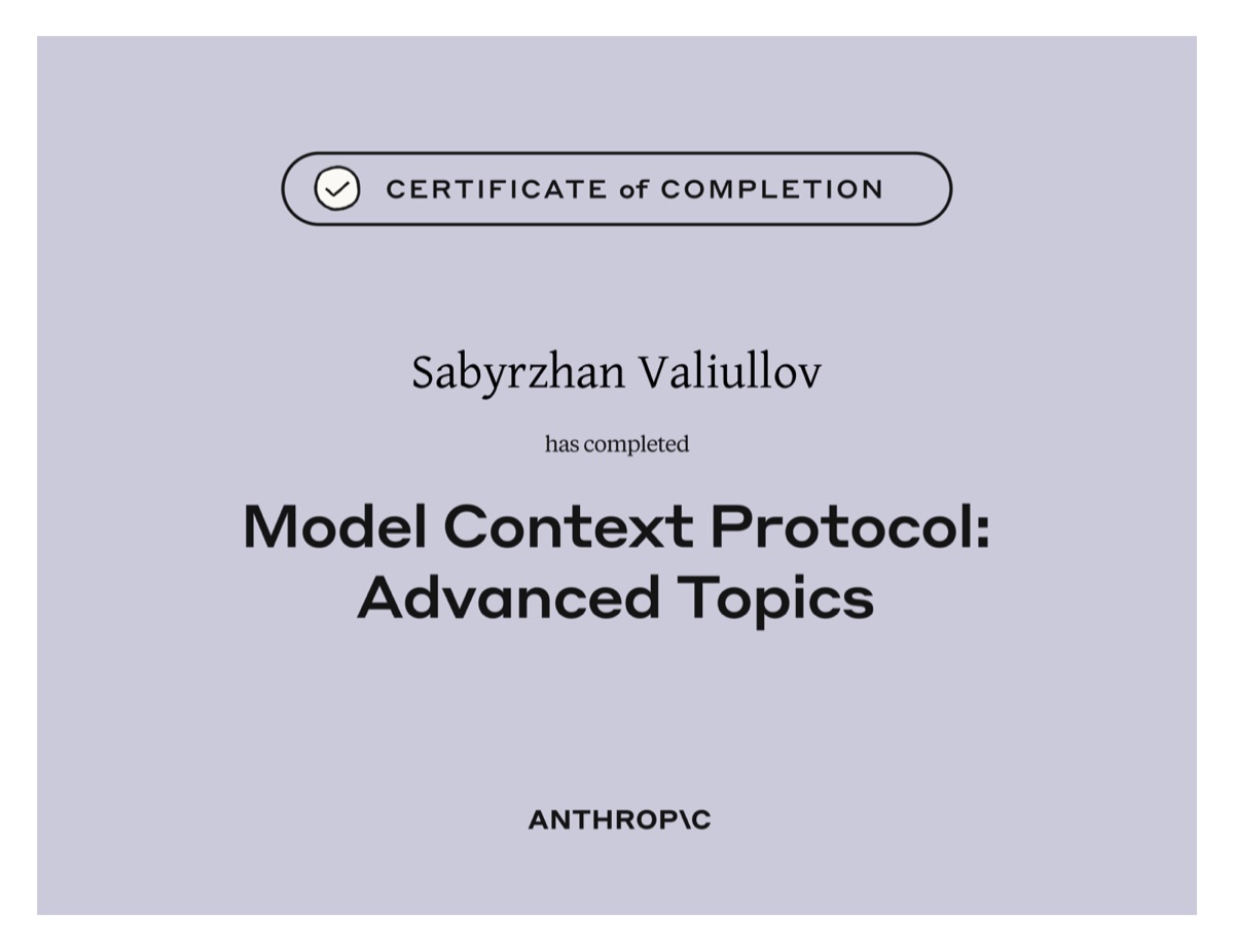 Anthropic certificate · Model Context Protocol: Advanced Topics