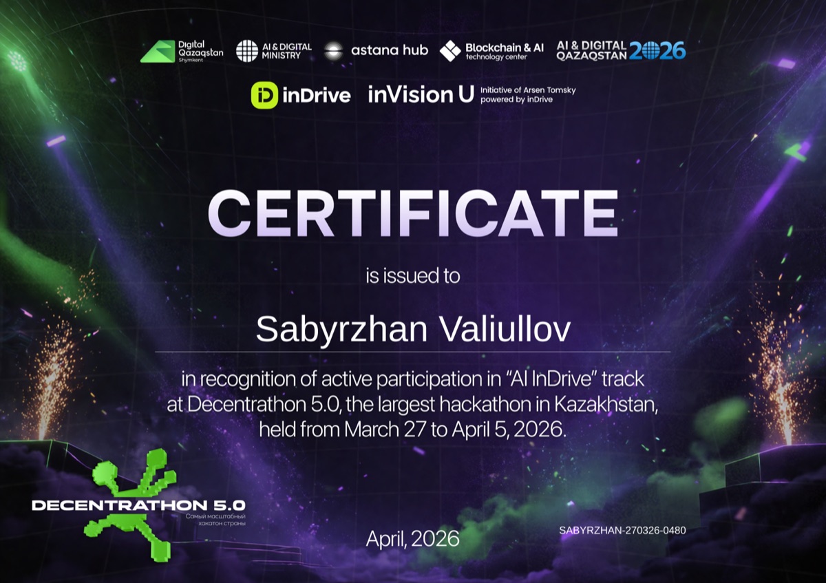 Decentrathon 5.0 certificate for participation in the AI inDrive track