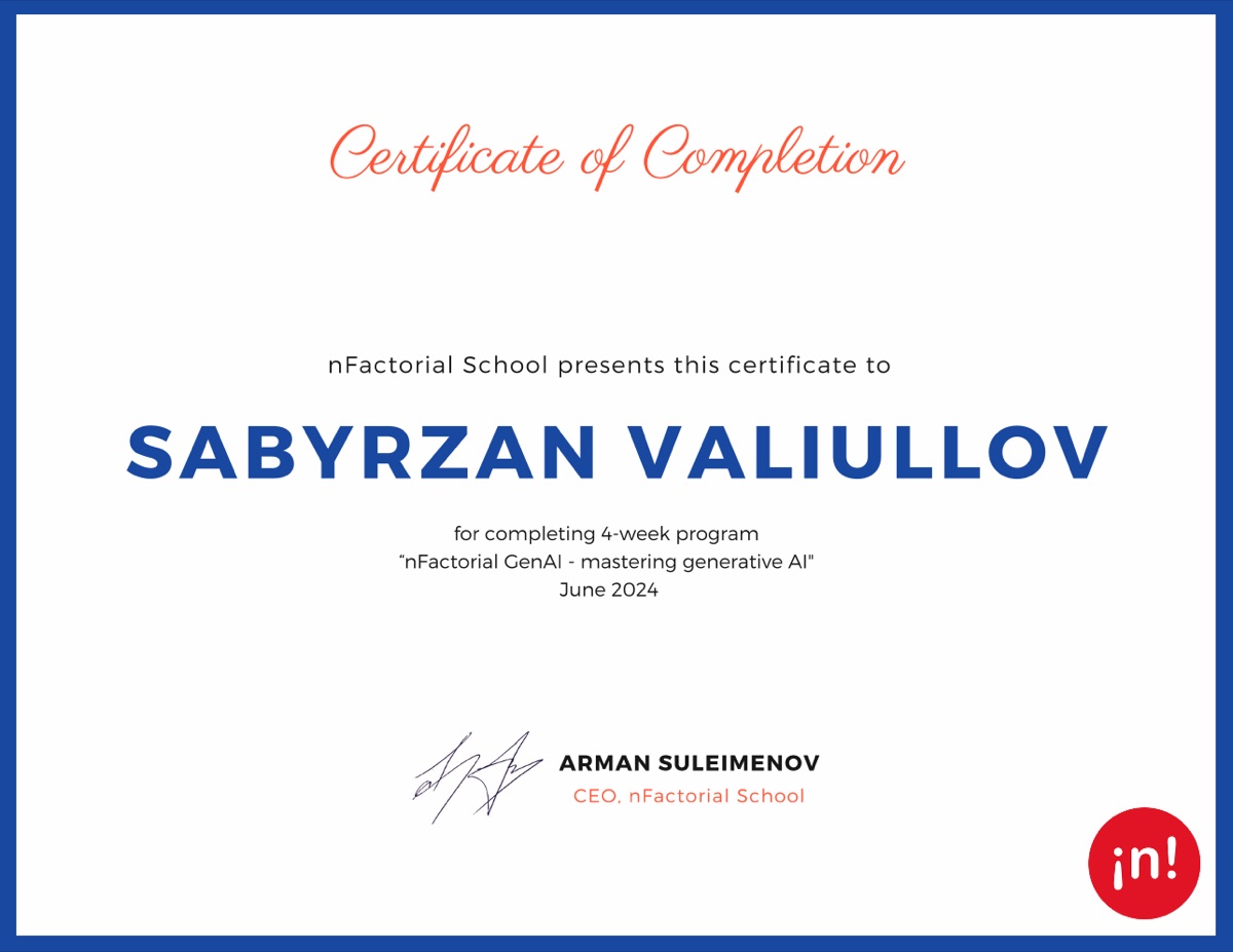 nFactorial GenAI certificate of completion