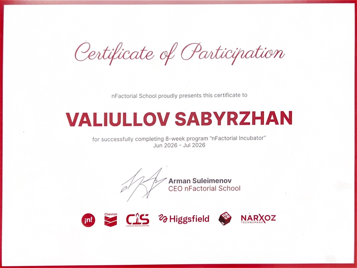 nFactorial Incubator certificate of participation